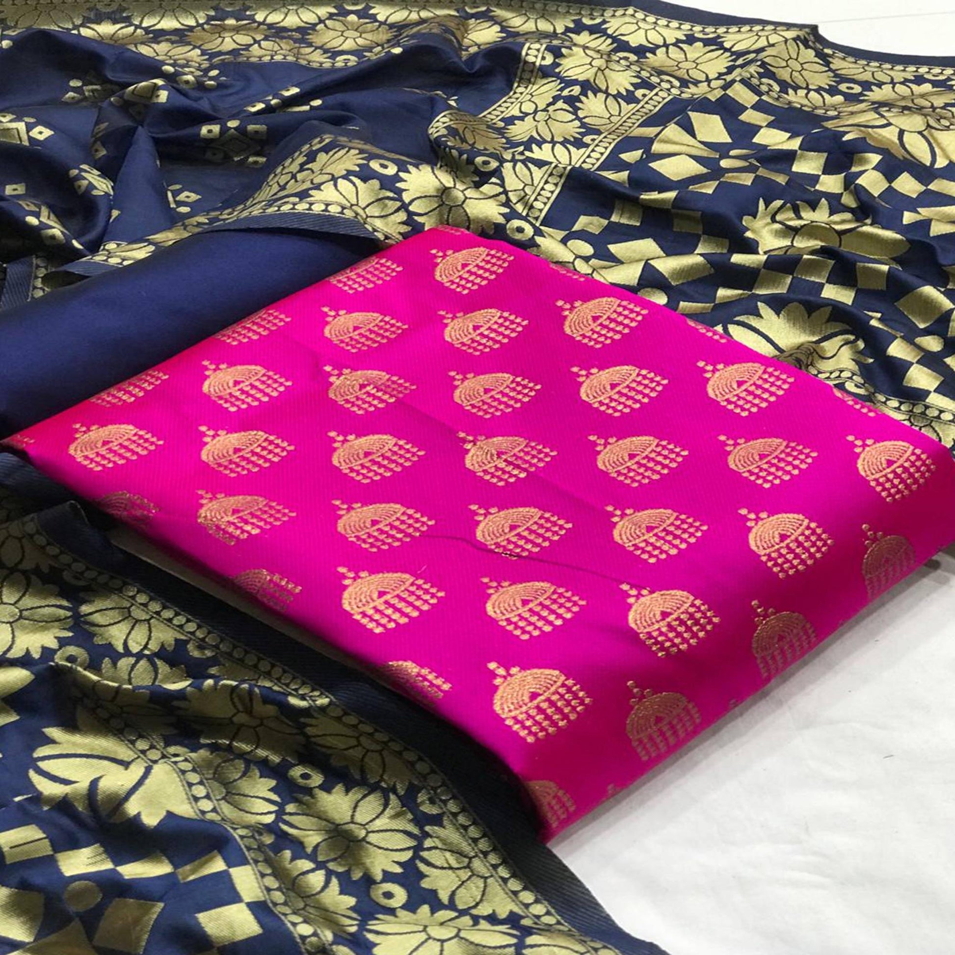 Glorious Rani Pink Colored Casual Wear Banarasi Silk Dress Material