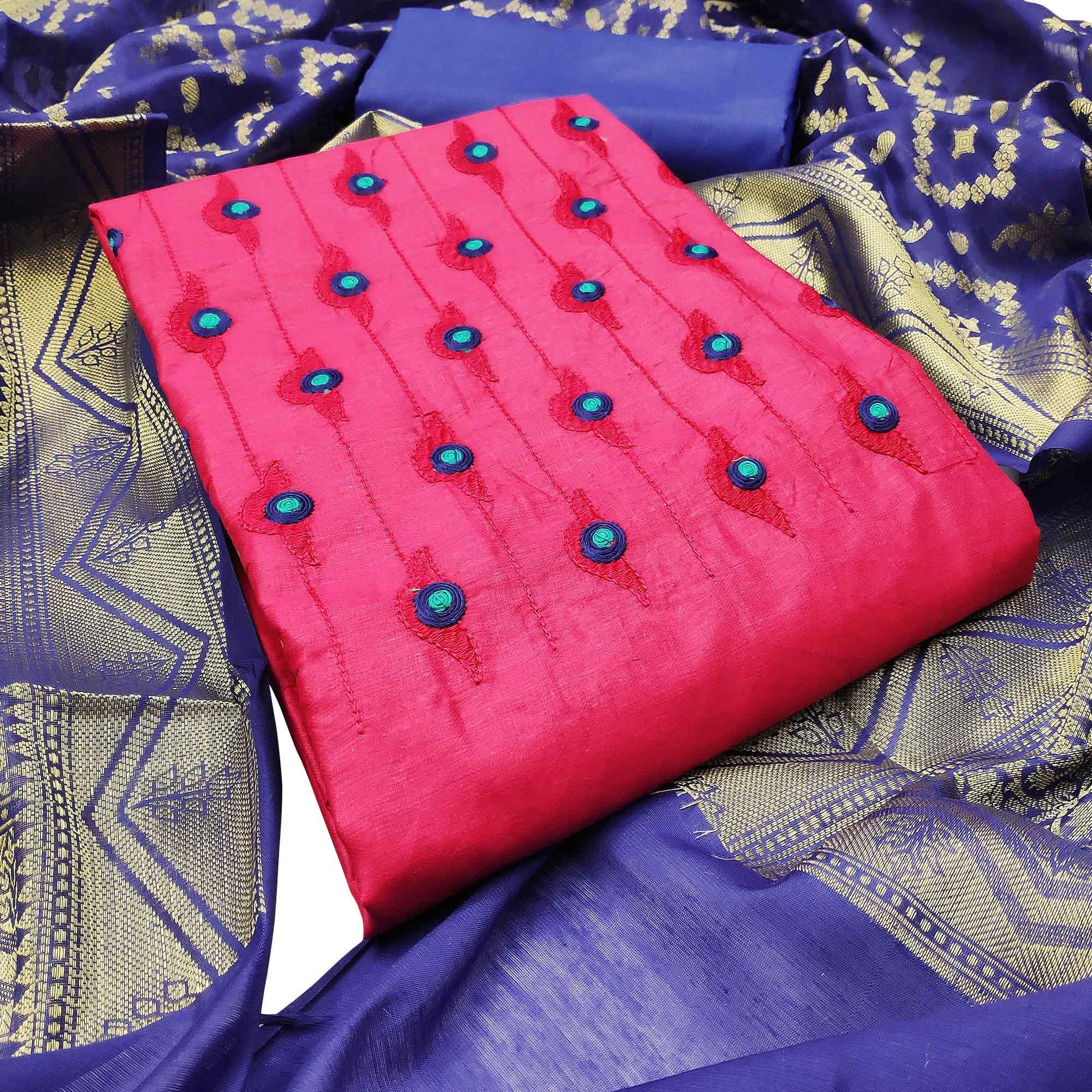 Glorious Rani Pink Colored Casual Wear Embroidered Cotton Dress Material With Banarasi Silk Dupatta