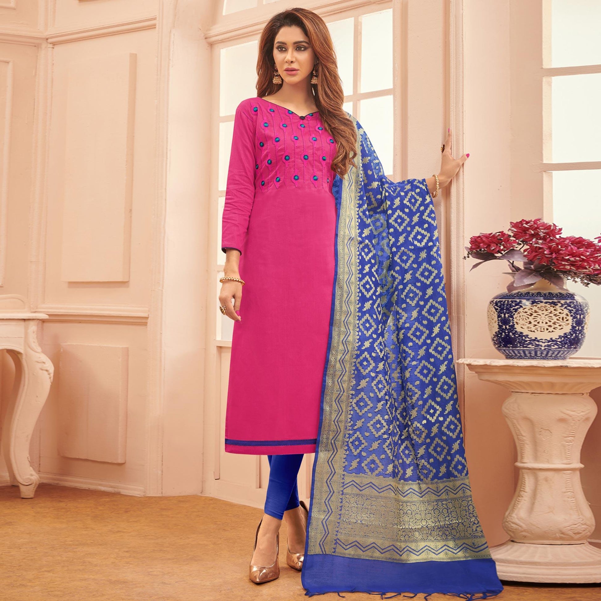 Glorious Rani Pink Colored Casual Wear Embroidered Cotton Dress Material With Banarasi Silk Dupatta