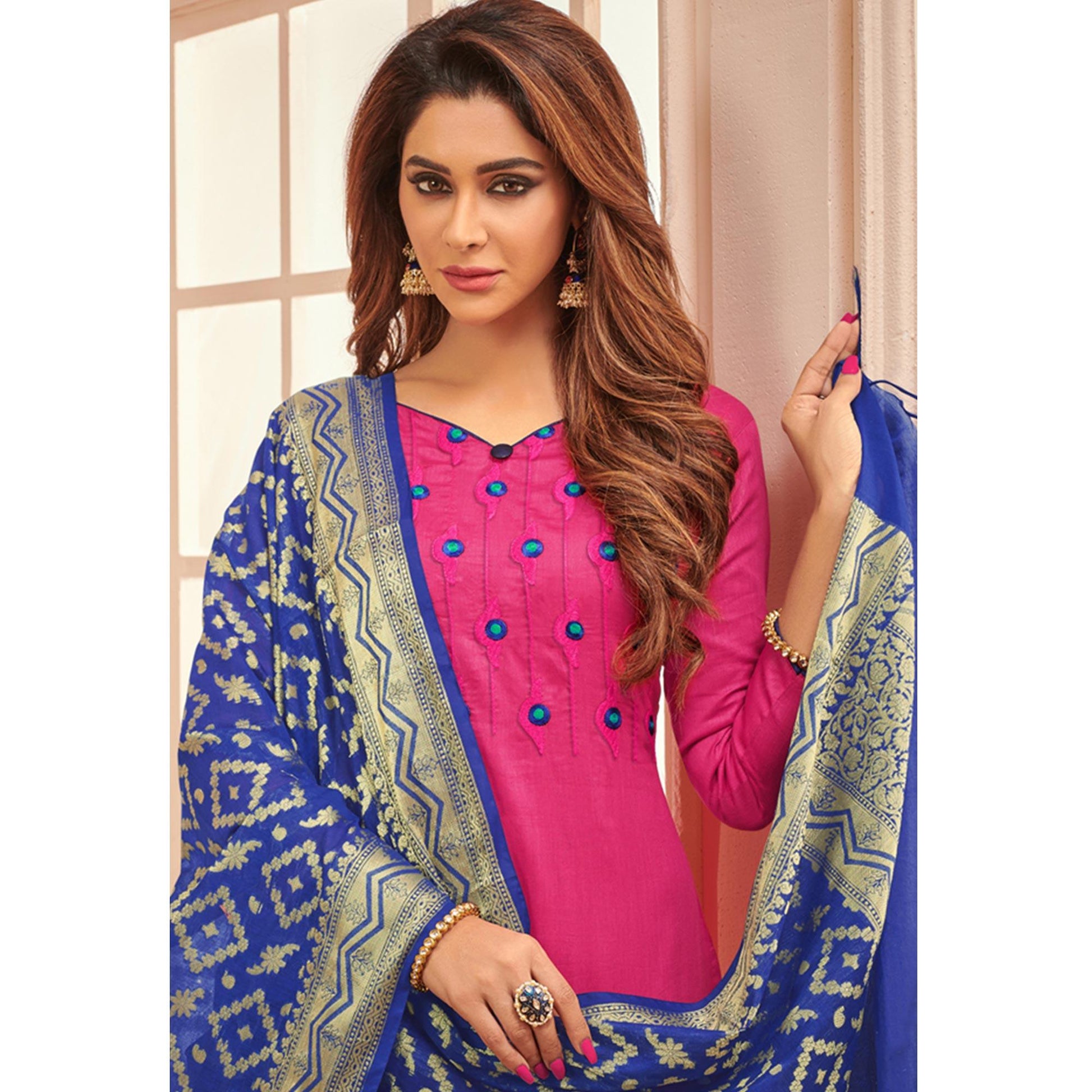 Glorious Rani Pink Colored Casual Wear Embroidered Cotton Dress Material With Banarasi Silk Dupatta