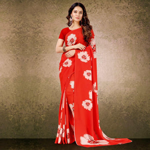 Glorious Red Floral Digital Print Casual Wear French Crepe Saree