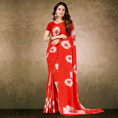 Glorious Red Floral Digital Print Casual Wear French Crepe Saree