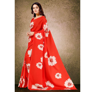 Glorious Red Floral Digital Print Casual Wear French Crepe Saree
