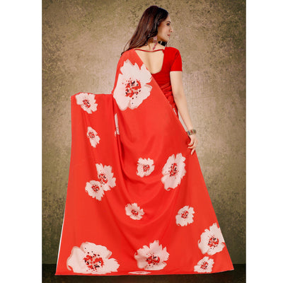 Glorious Red Floral Digital Print Casual Wear French Crepe Saree