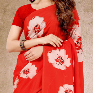 Glorious Red Floral Digital Print Casual Wear French Crepe Saree
