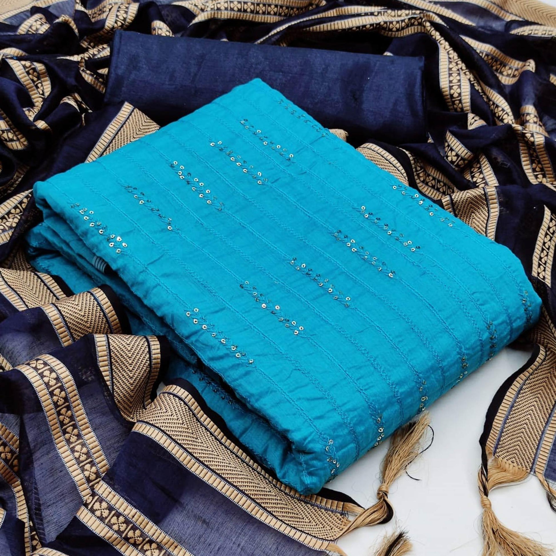 Glorious Sky Blue Colored Casual Wear Embroidered Chanderi Dress Material