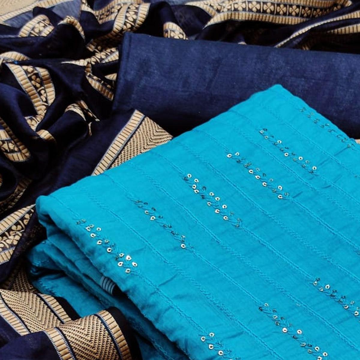 Glorious Sky Blue Colored Casual Wear Embroidered Chanderi Dress Material