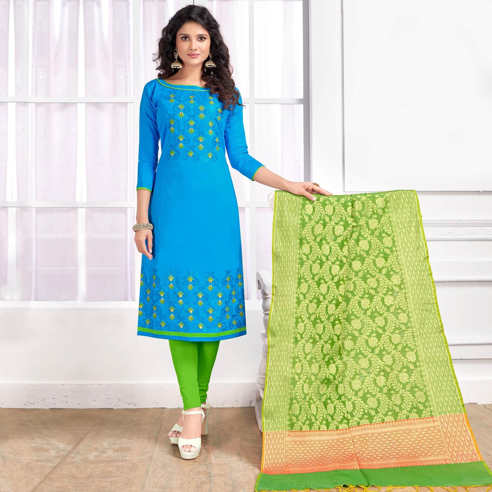 Glorious Sky Blue Colored Party Wear Embroidered Cotton Salwar Suit