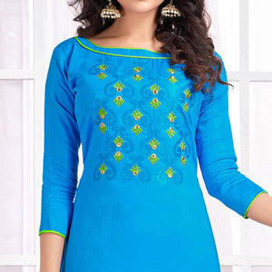 Glorious Sky Blue Colored Party Wear Embroidered Cotton Salwar Suit
