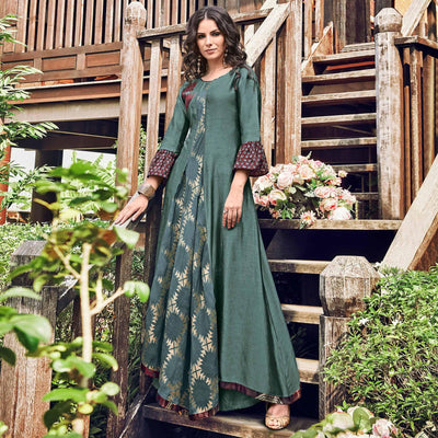 Glorious Teal Grey Colored Party Wear Printed Modal-Jacquard Long Kurti