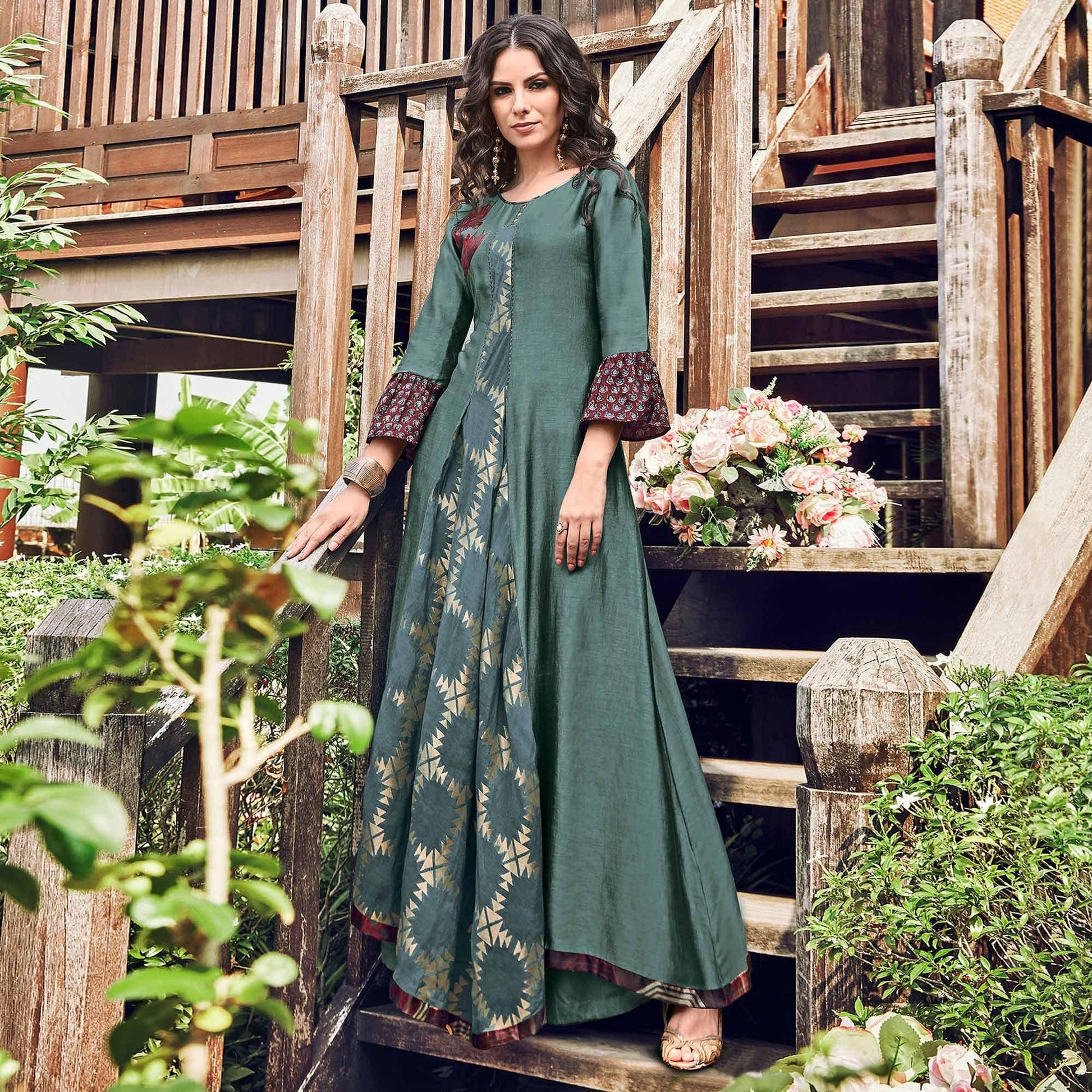 Glorious Teal Grey Colored Party Wear Printed Modal-Jacquard Long Kurti