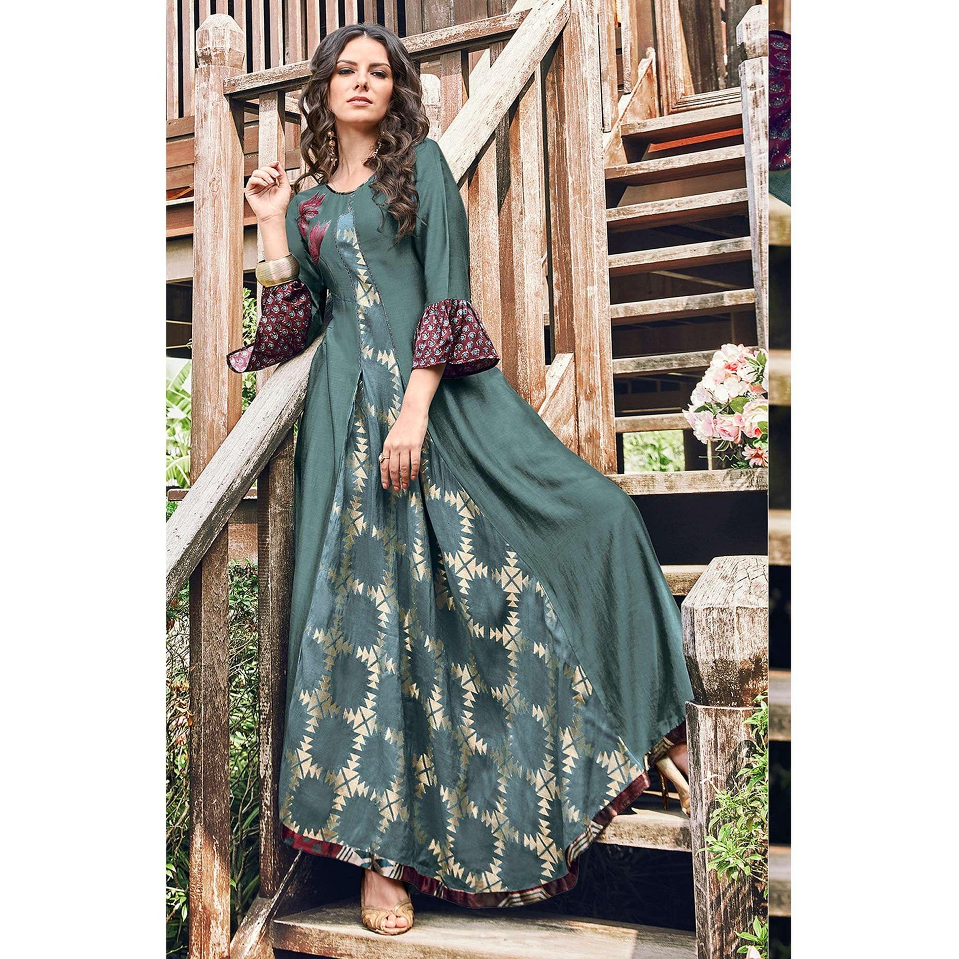 Glorious Teal Grey Colored Party Wear Printed Modal-Jacquard Long Kurti