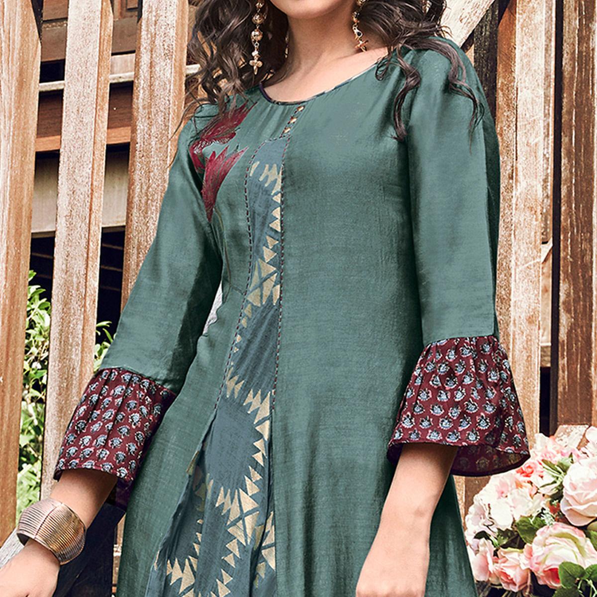 Glorious Teal Grey Colored Party Wear Printed Modal-Jacquard Long Kurti