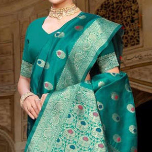 Glorious Turquoise Green Colored Festive Wear Woven Art Silk Saree