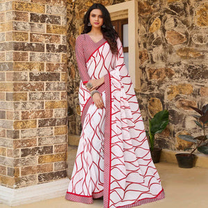Glorious White - Red Colored Casual Wear Printed Satin Saree
