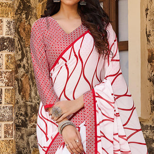 Glorious White - Red Colored Casual Wear Printed Satin Saree