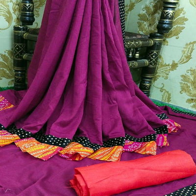 Glorious Wine Colored Partywear Solid Vichitra Silk Saree With Bandhani Print Ruffle