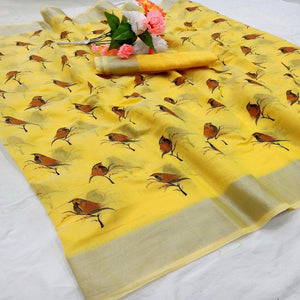 Glorious Yellow Colored Casual Wear Sparrow Block Printed Cotton Linen Saree