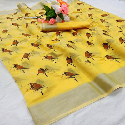 Glorious Yellow Colored Casual Wear Sparrow Block Printed Cotton Linen Saree
