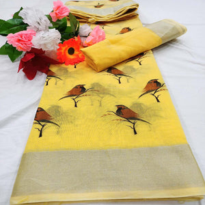 Glorious Yellow Colored Casual Wear Sparrow Block Printed Cotton Linen Saree