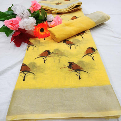 Glorious Yellow Colored Casual Wear Sparrow Block Printed Cotton Linen Saree