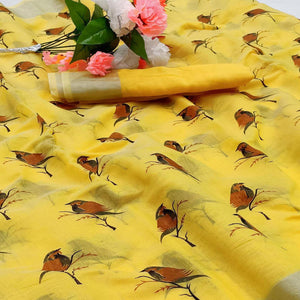 Glorious Yellow Colored Casual Wear Sparrow Block Printed Cotton Linen Saree