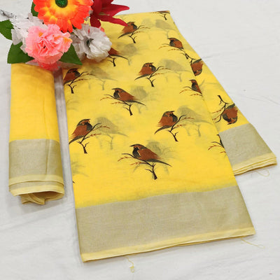 Glorious Yellow Colored Casual Wear Sparrow Block Printed Cotton Linen Saree
