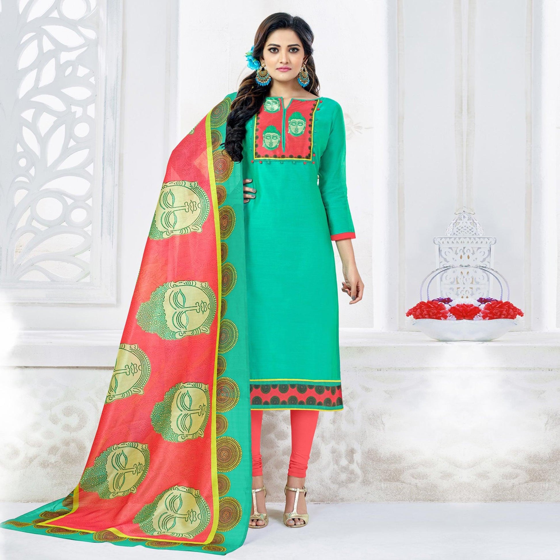 Glowing Aqua Green Colored Casual Printed Chanderi Dress Material