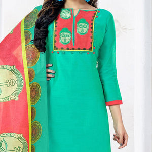 Glowing Aqua Green Colored Casual Printed Chanderi Dress Material