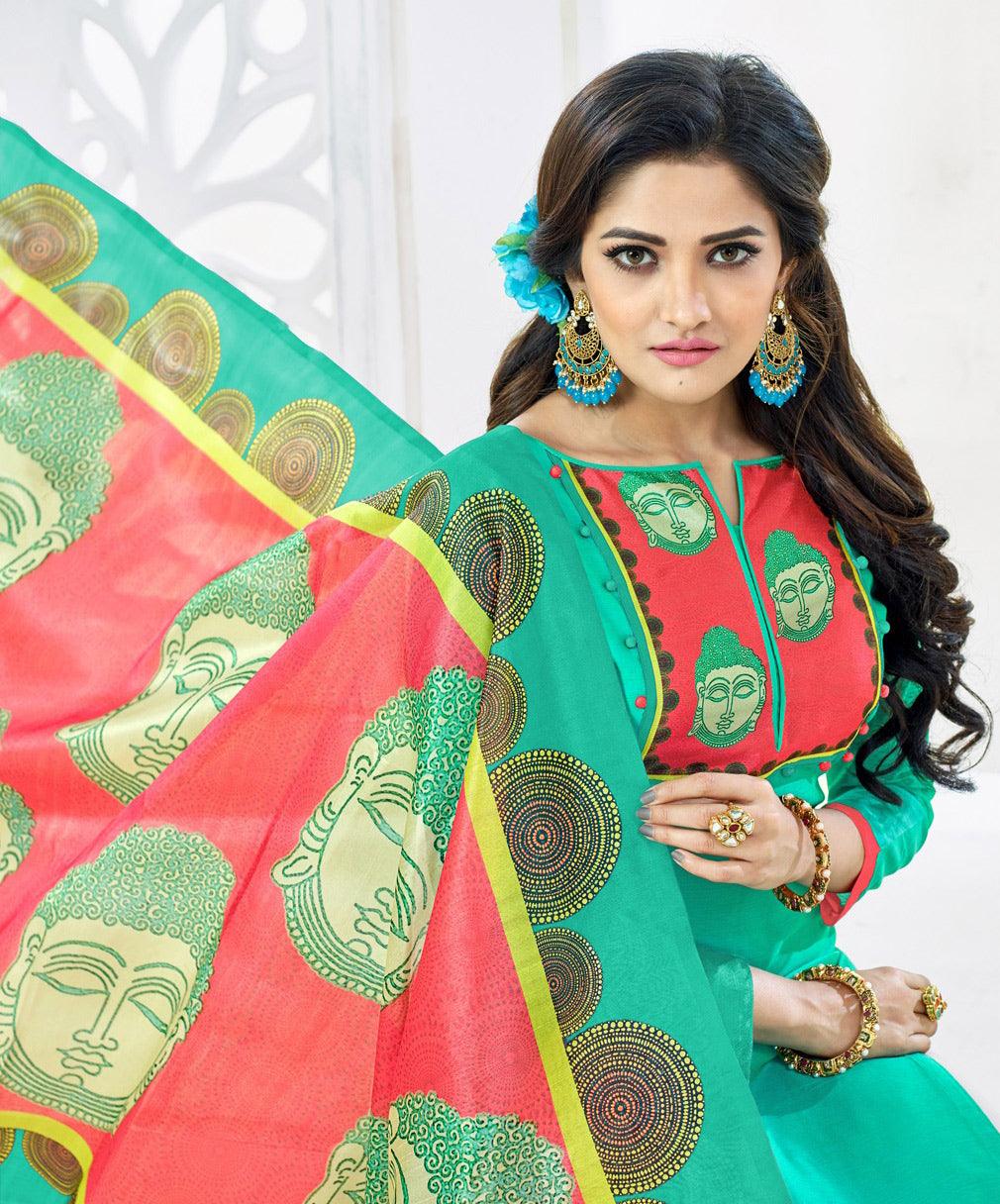 Glowing Aqua Green Colored Casual Printed Chanderi Dress Material