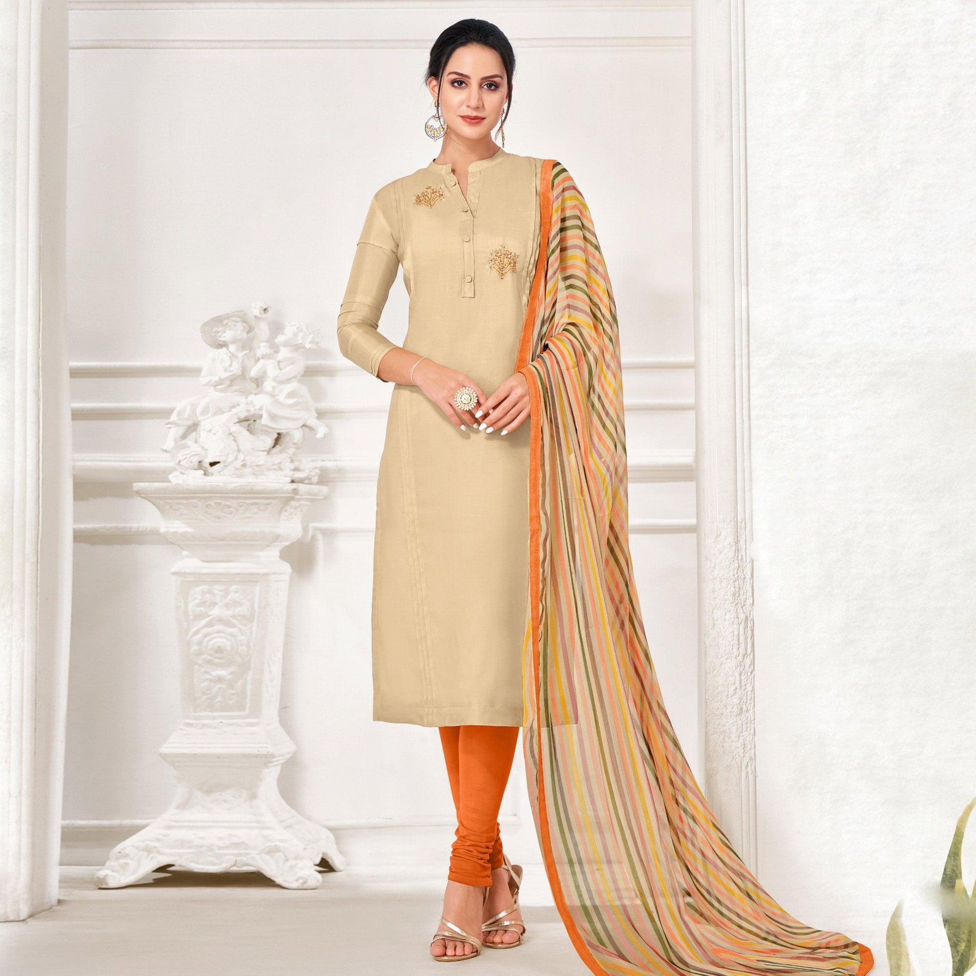 Glowing Beige Colored Casual Wear Embroidered Chanderi Dress Material