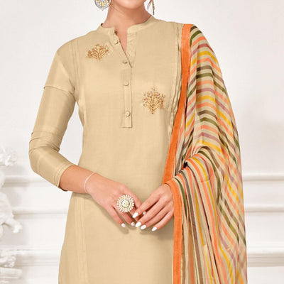 Glowing Beige Colored Casual Wear Embroidered Chanderi Dress Material