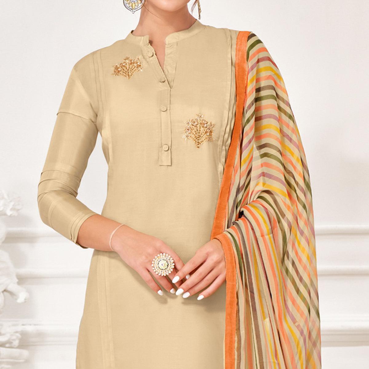 Glowing Beige Colored Casual Wear Embroidered Chanderi Dress Material