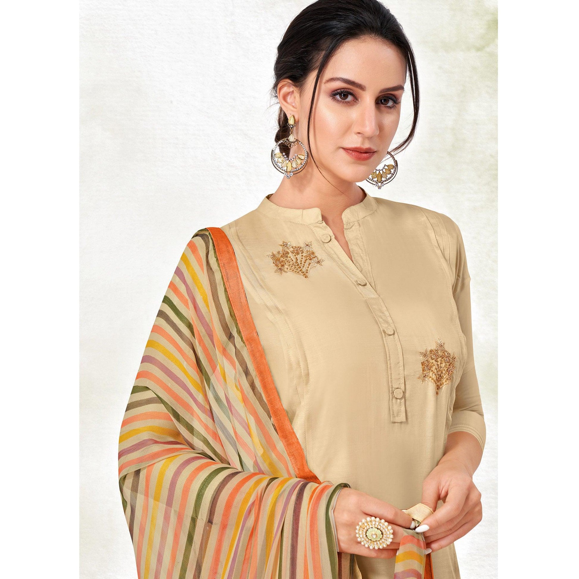 Glowing Beige Colored Casual Wear Embroidered Chanderi Dress Material