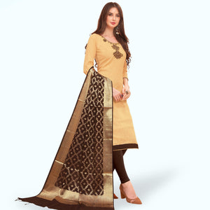 Glowing Beige Colored Casual Wear Embroidered Cotton Dress Material With Banarasi Silk Dupatta
