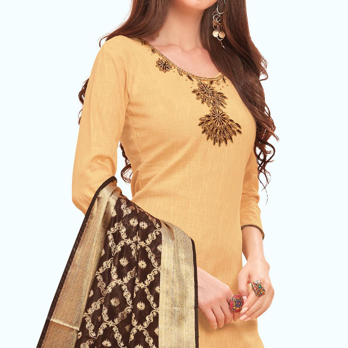 Glowing Beige Colored Casual Wear Embroidered Cotton Dress Material With Banarasi Silk Dupatta