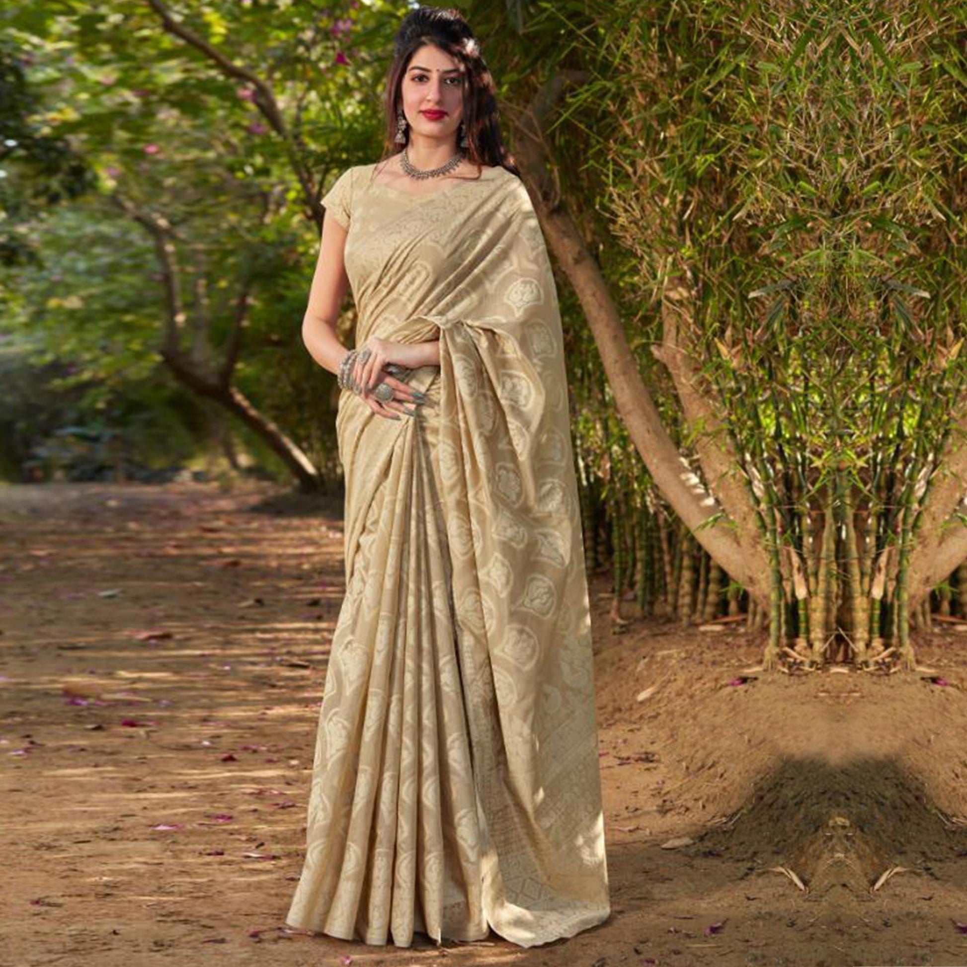Glowing Beige Coloured Casual Wear Printed Cotton Silk