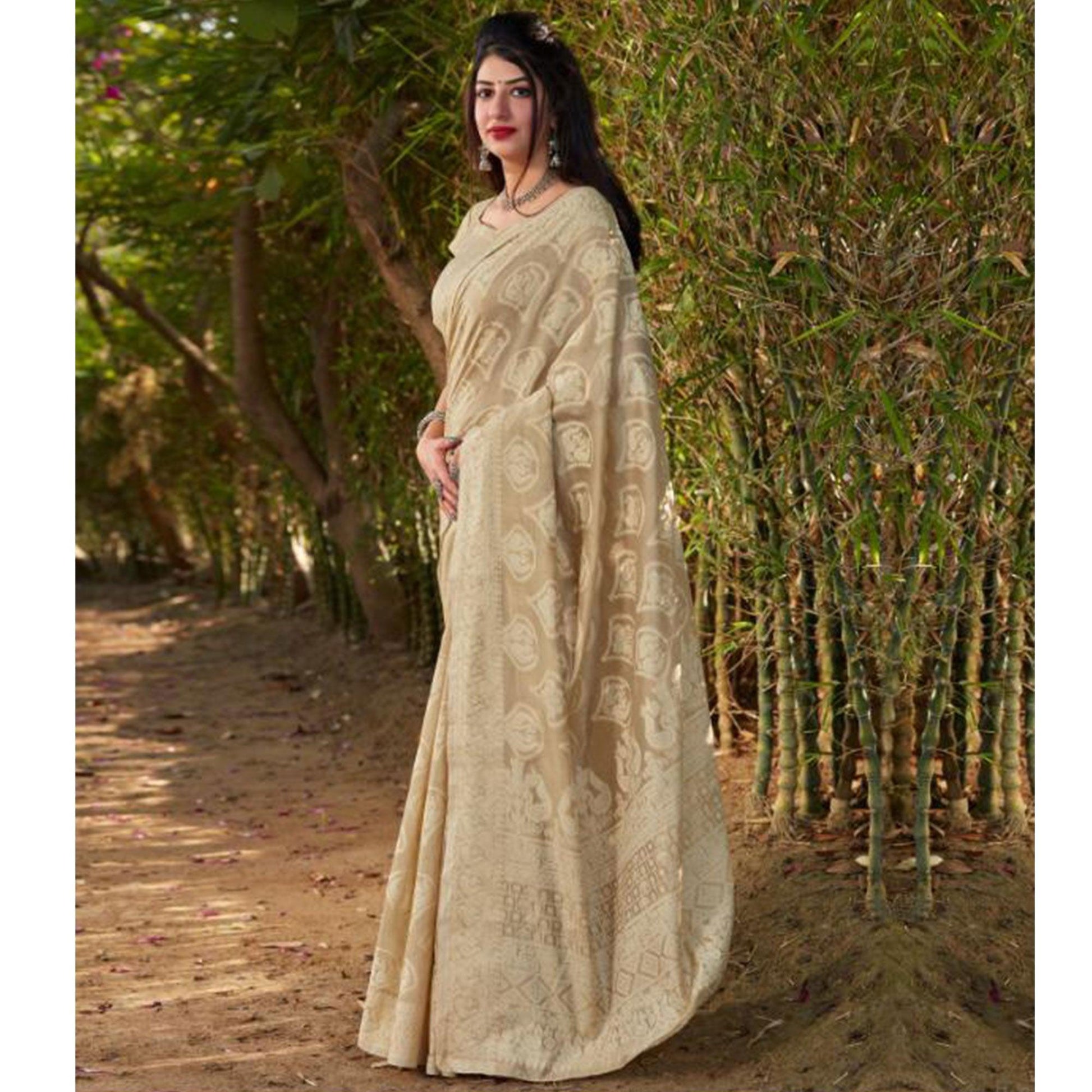 Glowing Beige Coloured Casual Wear Printed Cotton Silk