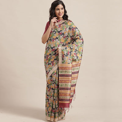 Glowing Beige-Multi Colored Casual Wear Floral Printed Silk Blend Saree With Tassels