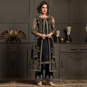 Glowing Black Coloured Party Wear Floral Embroidered Butterfly Net Pakistani Straight Suit