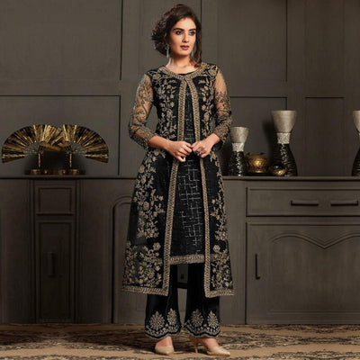 Glowing Black Coloured Party Wear Floral Embroidered Butterfly Net Pakistani Straight Suit