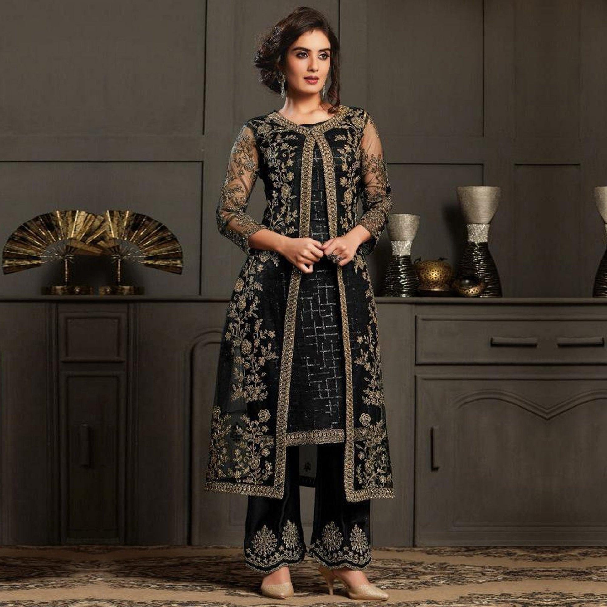 Glowing Black Coloured Party Wear Floral Embroidered Butterfly Net Pakistani Straight Suit