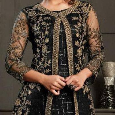 Glowing Black Coloured Party Wear Floral Embroidered Butterfly Net Pakistani Straight Suit