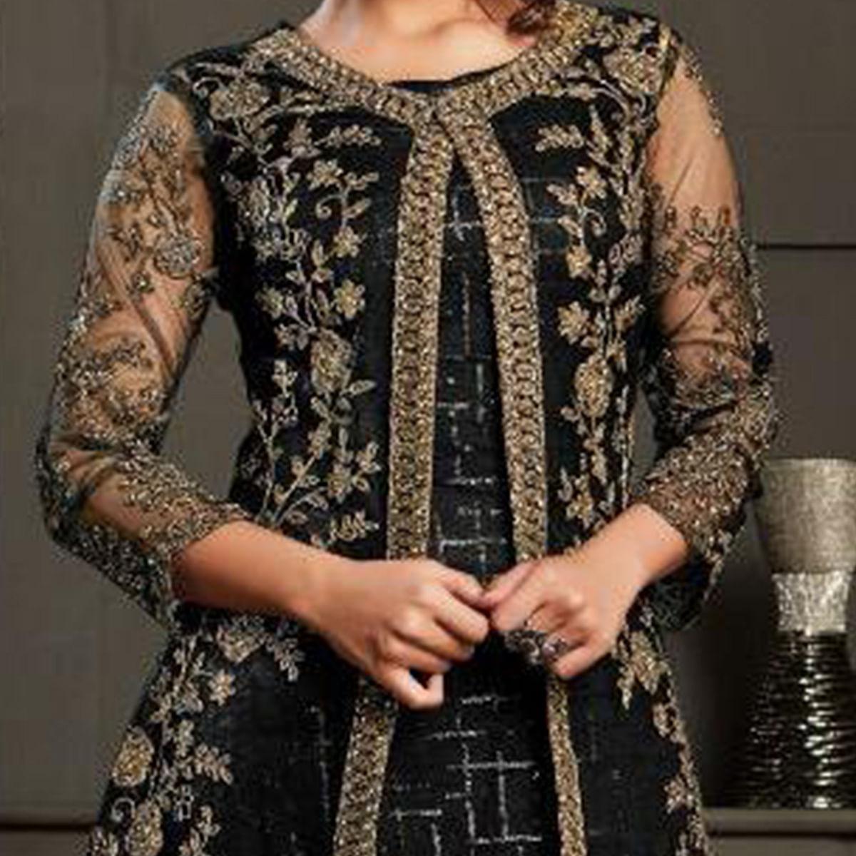 Glowing Black Coloured Party Wear Floral Embroidered Butterfly Net Pakistani Straight Suit