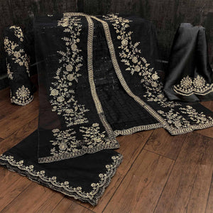 Glowing Black Coloured Party Wear Floral Embroidered Butterfly Net Pakistani Straight Suit