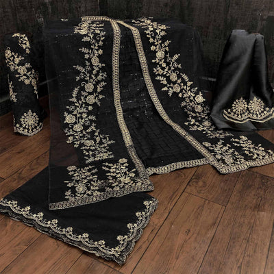Glowing Black Coloured Party Wear Floral Embroidered Butterfly Net Pakistani Straight Suit