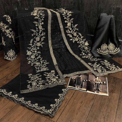 Glowing Black Coloured Party Wear Floral Embroidered Butterfly Net Pakistani Straight Suit