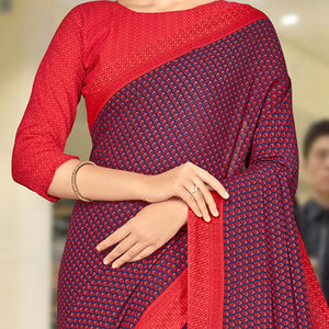 Glowing Blue & Red Coloured Casual Wear Printed Crepe Saree
