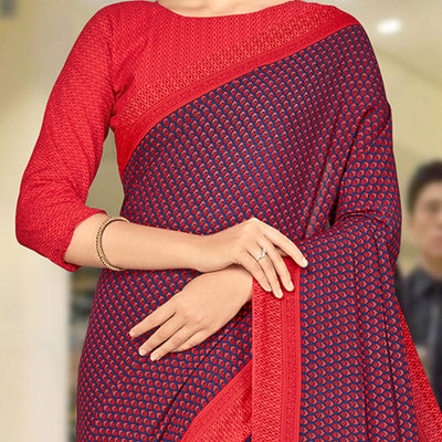 Glowing Blue & Red Coloured Casual Wear Printed Crepe Saree