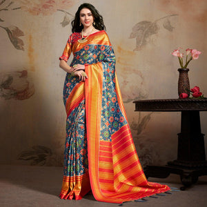 Glowing Blue Colored Festive Wear Printed Silk Blend Saree With Tassels